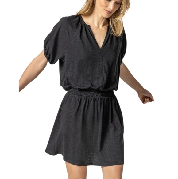 LILLA P Elastic Waist Split Neck Short Sleeve Mini Dress - Picture 2 of 13